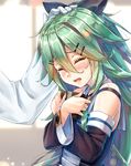  admiral_(kantai_collection) bare_shoulders black_ribbon black_serafuku blue_neckwear blush box closed_eyes commentary_request crying detached_sleeves gift gift_box gloves green_eyes hair_between_eyes hair_ribbon hand_on_another's_head kantai_collection kotatsu_(kotatsu358) long_hair long_sleeves neckerchief open_mouth ribbon school_uniform serafuku solo_focus white_day white_gloves yamakaze_(kantai_collection) 