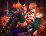  black-framed_eyewear black_footwear black_legwear boots candy cross-laced_footwear fang food fur_collar glasses halloween headphones highres jack-o'-lantern jacket knee_boots lace-up_boots lips lollipop long_hair looking_at_viewer lying orange_hair parka persona persona_5 red_eyes round_eyewear sakura_futaba shorts solo stuffed_toy swirl_lollipop thighhighs window yan_wei_jiaonang 