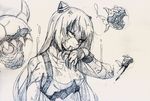 airfield_hime crop_top damaged eyelashes floating_fortress_(kantai_collection) hand_up horns kantai_collection licking_blood licking_hand long_hair looking_ahead monochrome rising_liuid shaded_face sharp_teeth shinkaisei-kan shirubaburu simple_background sketch solo teeth upper_body veins white_background wristband 