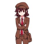  bad_id bad_pixiv_id bag blazer brown_hair brown_hat brown_jacket brown_shorts cabbie_hat closed_mouth collared_shirt crossed_arms flat_chest forbidden_scrollery hammer_(sunset_beach) hat highres jacket looking_at_viewer necktie no_wings pointy_ears shameimaru_aya shirt short_hair shorts shoulder_bag smile solo tie_clip touhou 