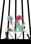  back-to-back bench blue_hair crying mahou_shoujo_madoka_magica miki_sayaka multiple_girls pinky_swear ponytail red_eyes red_hair sakura_kyouko school_uniform short_hair sitting sorakujira_(pixiv) soul_gem 