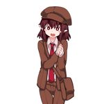  1girl :d bad_id bad_pixiv_id bag blazer blush_stickers brown_hair brown_hat brown_jacket brown_shorts cabbie_hat collared_shirt flat_chest forbidden_scrollery hammer_(sunset_beach) hands_clasped hat highres jacket necktie no_wings open_mouth own_hands_together pointy_ears red_eyes shameimaru_aya shirt short_hair shorts shoulder_bag smile solo tie_clip touhou 