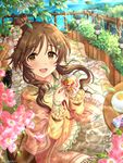  bad_id bad_pixiv_id blush brown_eyes brown_hair commentary_request cup day dress eyebrows_visible_through_hair flower hair_bun hair_flower hair_ornament hairclip holding holding_cup idolmaster idolmaster_cinderella_girls jewelry long_hair long_sleeves looking_at_viewer official_style open_mouth outdoors ponytail sanoaki saucer smile solo takamori_aiko teacup 