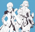  1girl 2boys asbel_lhant blush coat cravat detached_sleeves frills hair_ornament jacket long_hair monochrome multiple_boys open_mouth pants richard_(tales) short_hair shorts sophie_(tales) tales_of_(series) tales_of_graces twintails very_long_hair 