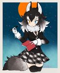  animal_ears artist_name beige_border black_border black_hair black_jacket black_legwear blazer blue_eyes border breasts buttons cowboy_shot eyelashes fang full_moon fur_collar gloves gradient_clothes gradient_hair gradient_sky grey_wolf_(kemono_friends) hair_between_eyes heterochromia holding holding_pen jacket kemono_friends l_hakase long_sleeves looking_at_viewer medium_breasts medium_hair moon multicolored_hair necktie night notebook outdoors outside_border pen plaid plaid_neckwear plaid_skirt pleated_skirt signature skirt sky sleeve_cuffs smile solo star_(sky) tail thighhighs tsurime two-tone_hair white_gloves white_hair wolf_ears wolf_tail yellow_eyes zettai_ryouiki 