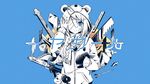  bandages bear_hood blue_background blue_eyes braid dart hacksaw highres hood hoodie iya_girl_(vocaloid) nou official_art original simple_background sleeves_past_wrists solo song_name stuffed_animal stuffed_toy teddy_bear thermometer vocaloid 