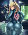  ass blonde_hair blue_bodysuit blue_eyes bodysuit breasts cameltoe eyebrows_visible_through_hair from_behind gun hand_on_hip indoors long_hair looking_at_viewer madkaiser medium_breasts metroid metroid_(creature) mole mole_under_mouth muscle nintendo parted_lips ponytail preview samus_aran weapon 