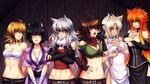  6girls animal_ears aurora_(deathblight) bare_shoulders belt black_hair blonde_hair breasts brown_hair cape catheline_(deathblight) cheetah_girl chiira_(deathblight) china_dress chinese_clothes claire_(deathblight) cleavage cloud_print collar crescentia deathblight eyes_closed ferania_(deathblight) green_eyes groping kimono large_breasts lineup lipstick long_nails looking_at_viewer midriff minori_(deathblight) multiple_girls nail_polish navel orange_hair pelvic_curtain purple_eyes red_eyes sarashi thighhighs wall white_hair wolf_girl wooden_wall yawning yellow_eyes 