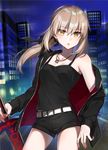  artoria_pendragon_(all) bare_shoulders blonde_hair camisole cityscape dark_excalibur fate/grand_order fate_(series) jacket jewelry necklace night night_sky saber_alter shirako_miso short_shorts shorts sky solo sword weapon yellow_eyes 