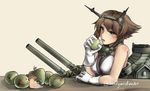  apple brown_hair commentary food fruit gloves green_eyes hairband highres holding holding_food holding_fruit kantai_collection mutsu_(kantai_collection) mutsu_(snail) open_mouth rigging short_hair signature simple_background table tealguardianart tongue tongue_out turret white_gloves 