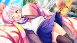  ;d black_legwear blue_sky bow cloud cracked day dutch_angle floral_print hair_bow highres looking_at_viewer navel nekone_nen official_art one_eye_closed oni_horns open_mouth outdoors purple_hair red_bow red_eyes robe school_uniform serafuku short_hair sky smile standing thighhighs x-overd 