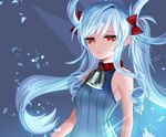  bell bemani blue_background blue_hair collar drill_hair hair_rings lips maud ravaniz red_eyes sleeveless solo sound_voltex twintails upper_body 