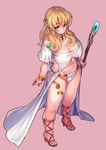  absurdres aqua_eyes bare_shoulders belly blonde_hair breasts bridal_gauntlets cleavage eyebrows_visible_through_hair fengmo high_heels highres jewelry large_breasts long_hair looking_at_viewer necklace original pink_background pointy_ears simple_background solo staff thighs toes 
