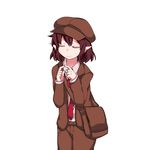  3: bad_id bad_pixiv_id bag blazer brown_hair brown_hat brown_jacket brown_shorts cabbie_hat closed_eyes closed_mouth collared_shirt facing_viewer fingers_together flat_chest forbidden_scrollery frown hammer_(sunset_beach) hat highres jacket leaning_forward necktie no_wings pointy_ears shameimaru_aya shirt short_hair shorts shoulder_bag slouching solo sweat tie_clip touhou 