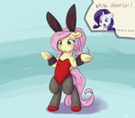  2017 alasou biped blue_eyes blush bunny_costume clothed clothing costume dialogue english_text equine female feral fluttershy_(mlp) friendship_is_magic hair hi_res hooves horn mammal my_little_pony pink_hair purple_hair rarity_(mlp) solo_focus teal_eyes text underhoof unicorn 