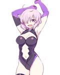  :d ahoge armpits black_legwear breasts chan_co cleavage cleavage_cutout contrapposto covered_nipples elbow_gloves fate/grand_order fate_(series) gloves hair_over_one_eye large_breasts leotard mash_kyrielight navel navel_cutout open_mouth pink_hair purple_eyes purple_gloves simple_background smile solo standing sweat thighhighs white_background 