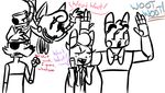  2016 2_heads animatronic anthro bonnie_(fnaf) bow_tie buckteeth canine dialogue english_text exposed_endoskeleton eye_patch eyewear female five_nights_at_freddy&#039;s five_nights_at_freddy&#039;s_2 fox foxy_(fnaf) group inkyfrog lagomorph machine male mammal mangle_(fnaf) multi_head open_mouth open_smile rabbit restricted_palette robot simple_background smile teeth text toy_bonnie_(fnaf) video_games white_background yelling 