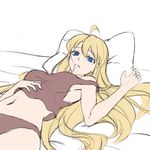  ahoge bangs bed blonde_hair blue_eyes breasts camisole closed_mouth crop_top dutch_angle flat_color from_above frown hair_between_eyes hair_in_mouth hair_spread_out hand_on_own_stomach hand_up highres indoors long_hair looking_at_viewer lying medium_breasts midriff navel on_back on_bed original panties parted_bangs pillow raised_eyebrows simple_background sketch solo sorakujira_(pixiv) strap_slip taut_clothes underwear underwear_only upper_body very_long_hair white_background 