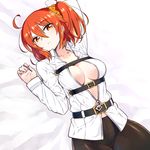  :o ahoge arm_up bed_sheet belt belt_buckle black_legwear blush breasts buckle chan_co cleavage collarbone collared_shirt crotch_seam eyebrows_visible_through_hair fate/grand_order fate_(series) fujimaru_ritsuka_(female) hair_between_eyes hair_ornament hair_scrunchie head_tilt long_sleeves looking_at_viewer looking_up lying medium_breasts no_bra no_pants on_back open_clothes open_mouth open_shirt orange_eyes orange_hair orange_scrunchie panties panties_under_pantyhose pantyhose scrunchie shiny shiny_hair shirt short_hair side_ponytail solo thighband_pantyhose underbust underwear white_shirt wing_collar 