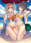  3girls :d ;d ahoge akizuki_(kantai_collection) animal_ears animal_print arm_up asdj bandeau bangs bare_arms bare_legs bare_shoulders barefoot beach beach_umbrella bikini black_hair blue_sky blue_towel blunt_bangs blush braid breasts brown_hair chibi cleavage closed_mouth cloud collarbone day eyebrows_visible_through_hair food front-tie_bikini front-tie_top fruit grey_eyes grin groin hair_between_eyes hand_up hatsuzuki_(kantai_collection) headband headgear highres holding holding_towel kantai_collection kneeling lifebuoy light_particles long_hair looking_at_viewer medium_breasts multiple_girls navel ocean one_eye_closed open_mouth orange_bikini outdoors partially_submerged ponytail print_bikini print_bikini_top sand shade shiny shiny_hair side-tie_bikini signature sky smile stomach sun sunlight swimming swimsuit swimsuit_under_swimsuit teruzuki_(kantai_collection) towel twin_braids umbrella water_gun watermelon yellow_bikini 