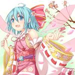  1girl :d ahoge alternate_element alternate_wings blue_eyes blue_hair blush bow cherry_blossoms cirno dango detached_sleeves efe eyebrows_visible_through_hair face flower food food_on_face hair_bow hair_flower hair_ornament japanese_clothes open_mouth revision seigaiha short_hair smile solo touhou wagashi wings 