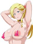  areola_slip areolae armpits arms_up bikini bikini_top blonde_hair blue_eyes blush braid breasts choker covered_nipples dungeon_meshi eyebrows_visible_through_hair fan_no_hitori hair_ornament large_areolae large_breasts long_hair looking_at_viewer marcille micro_bikini open_mouth pink_bikini pointy_ears simple_background solo swimsuit white_background 