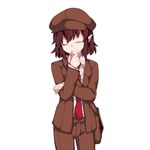  bad_id bad_pixiv_id bag blazer brown_hair brown_hat brown_jacket brown_shorts cabbie_hat closed_eyes closed_mouth collared_shirt crossed_arms forbidden_scrollery hammer_(sunset_beach) hat head_tilt highres jacket necktie no_wings pointy_ears shameimaru_aya shirt short_hair shorts shoulder_bag smile solo thinking tie_clip touhou 