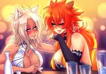  2girls after_kiss animal_ears aurora_(deathblight) blonde_hair blush breasts catheline_(deathblight) china_dress chinese_clothes cleavage crescentia deathblight drinking_straw drunk glass green_eyes ice kiss large_breasts lipstick long_nails makeup multiple_girls nail_polish orange_hair ribbon saliva wolf_girl yuri 