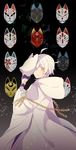  black_gloves fox_mask gloves hood japanese_clothes looking_back male_focus mask partly_fingerless_gloves smile touken_ranbu tsurumaru_kuninaga white_hair yellow_eyes yoshiki 