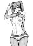  1girl arm_behind_back bangs belt blush bodysuit breasts breasts_apart censored center_opening functionally_nude gggg highres looking_at_viewer medium_breasts misaki_yuria monochrome mosaic_censoring no_bra no_panties puffy_nipples salute shaved_pussy short_hair simple_background solo standing sweat twintails uchuu_senkan_yamato uchuu_senkan_yamato_2199 white_background 
