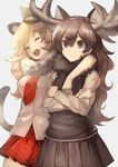  ^_^ ^o^ animal_ears antlers blush body_mahattaya_ginga breasts closed_eyes commentary_request crossed_arms fur_collar kemono_friends lion_(kemono_friends) lion_ears lion_tail long_hair long_sleeves medium_breasts moose_(kemono_friends) moose_ears multiple_girls necktie open_mouth pleated_skirt school_uniform short_sleeves simple_background skirt smile tail teeth white_background |d 