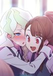  bangs blunt_bangs blush brown_hair collared_shirt commentary_request diana_cavendish eyebrows_visible_through_hair half-closed_eyes hand_on_another's_shoulder heavy_breathing hizuki_akira hug kagari_atsuko little_witch_academia long_sleeves luna_nova_school_uniform multiple_girls neck_ribbon open_mouth ribbon school_uniform shirt sidelocks smelling smile sweat time_stop upper_body white_hair yuri 