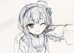  chain_necklace hairband hand_on_another's_cheek hand_on_another's_face hat kantai_collection looking_up mini_hat monochrome one_eye_closed out_of_frame pov pov_hands shirubaburu short_hair_with_long_locks simple_background sketch smile solo_focus stroking_cheek tokitsukaze_(kantai_collection) traditional_media white_background 