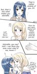  alternate_hairstyle athyra ayase_eli blonde_hair blue_eyes blue_hair blush comic dated english flying_sweatdrops hand_on_another's_chin highres long_hair love_live! love_live!_school_idol_project multiple_girls scrunchie signature sonoda_umi sweatdrop white_scrunchie yellow_eyes yuri 