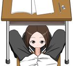  10s 1boy 1girl audreyburne brown_hair chair cum cum_in_mouth desk eraser hetero karakai_jouzu_no_takagi-san kneehighs nishikata pen penis pov pov_eye_contact school_uniform shirt short_hair short_sleeves simple_background sitting takagi-san uncensored white_background white_shirt 