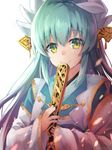  artist_name backlighting bangs c: closed_mouth eyebrows_visible_through_hair fan fate/grand_order fate_(series) folding_fan green_hair hair_between_eyes highres holding holding_fan horns japanese_clothes kiyohime_(fate/grand_order) long_hair looking_at_viewer nonono sidelocks signature simple_background smile solo upper_body white_background yellow_eyes 