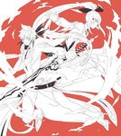  1boy 1girl bare_shoulders bodysuit breasts detached_sleeves earrings feathers hair_ornament hair_tubes monochrome open_mouth ponytail rose_(tales) sorey_(tales) sword tales_of_(series) tales_of_zestiria very_long_hair weapon 