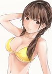  anegasaki_nene bad_id bad_pixiv_id bikini braid breasts brown_eyes brown_hair cleavage collarbone hand_behind_head large_breasts long_hair love_plus low_twintails mole mole_under_eye nannacy7 navel revision simple_background smile solo swimsuit twin_braids twintails upper_body white_background yellow_bikini_top 