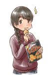  black_skirt braid brown_eyes brown_hair brown_jacket chips commentary eating eyebrows_visible_through_hair food food_on_face jacket kantai_collection karasu_(naoshow357) long_hair pleated_skirt potato_chips school_uniform serafuku simple_background single_braid skirt solo thick_eyebrows track_jacket uranami_(kantai_collection) white_background 