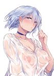  blue_eyes blue_hair blush breasts choker collarbone eyebrows_visible_through_hair eyelashes highres large_breasts looking_at_viewer no_bra original see-through short_hair solo wet wet_clothes white_background wind yukibuster_z 