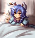  absurdres amagi_(amagi626) animal_ears bangs bed bedside blue_dress blue_hair blush bunny_ears dress ear_clip hair_between_eyes highres light open_mouth pink_lips red_eyes seiran_(touhou) solo touhou 