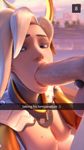  1boy 1girl 3d :&gt;= ;) blonde_hair blue_eyes bodysuit breasts breasts_outside clothed_sex erect_nipples erection fellatio gloves half-closed_eyes halo hetero highres large_penis lips looking_at_viewer mercy_(overwatch) nipples open_mouth oral overwatch penis pink_lips sex snapchat testicles text upper_body yeero 
