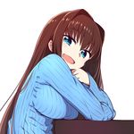  :d aozaki_aoko blue_eyes blue_sweater blush breasts brown_hair chan_co hair_intakes large_breasts long_hair long_sleeves looking_at_viewer mahou_tsukai_no_yoru open_mouth ribbed_sweater simple_background smile solo sweater upper_body white_background 