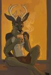  2017 amara_telgemeier antlers beverage blue_eyes cervine clothed clothing coffee deer horn male mammal solo topless 