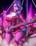  2017 anthro avian bass_guitar beak bird breasts cleavage clothed clothing female guitar hair hair_over_eye jaeh legwear looking_at_viewer microphone musical_instrument penguin playing_guitar playing_music red_eyes solo_focus wide_hips 