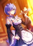  apron blue_eyes blue_hair bow curtains detached_collar detached_sleeves dutch_angle frilled_sleeves frills fuyuki_(neigedhiver) hair_bow hair_ornament hair_over_one_eye indoors maid re:zero_kara_hajimeru_isekai_seikatsu rem_(re:zero) short_hair solo tray 