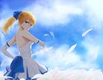  absurdres artoria_pendragon_(all) bare_back blue_eyes blue_ribbon blue_sky cloud day dress elbow_gloves fate/stay_night fate_(series) field flower flower_field gloves hair_between_eyes hair_ribbon highres looking_at_viewer petals ponytail ribbon saber shoulder_blades sky solo strapless strapless_dress vilgax_(1377432658) weapon 