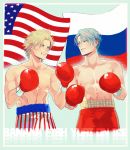  2boys abs american_flag ash_lynx banana_fish blonde_hair blue_eyes boxing_gloves clenched_teeth copyright_name crossover flag green_eyes highres male_focus multiple_boys nipples rocky_iv russian_flag shirtless silver_hair teeth throttlee toned toned_male viktor_nikiforov yuri!!!_on_ice 