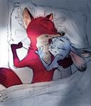  2017 anthro bed bedding blanket canine cuddling disney duo female fox judy_hopps lagomorph lying male male/female mammal monoflax nick_wilde nude nuzzling on_back on_bed on_side pillow rabbit under_covers zootopia 
