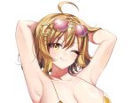  1girl ahoge anis_(nikke) anis_(sparkling_summer)_(nikke) bikini breasts brown_hair cleavage commentary cropped english_commentary eyepatch_bikini eyewear_on_head goddess_of_victory:_nikke gold_bikini highres jewelry large_breasts looking_at_viewer necklace official_alternate_costume short_hair smile solo sunglasses swimsuit white_bikini yu_uyake15 